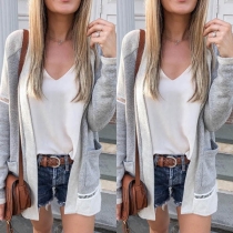 Fashion Contrast Color Long Sleeve Side Pockets Cardigan