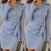 Fashion Long Sleeve Oblique Lapel Slim Fit Striped Dress