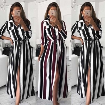 Fashion Long Sleeve Slit Hem POLO Collar Striped Shirt Dress