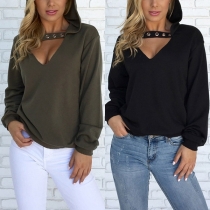 Fashion Solid Color Long Sleeve V-neck Hooded Loose Sweatshirt