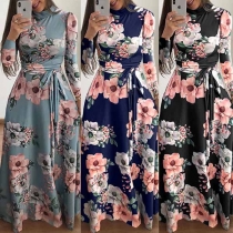 Fashion Long Sleeve Mock Neck High Waist Printed Maxi Dress