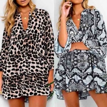 Sexy Deep V-neck Trumpet Sleeve Ruffle Hem Printed Dress