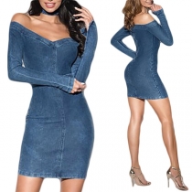 Sexy Off-shoulder V-neck Long Sleeve Slim Fit Denim Dress
