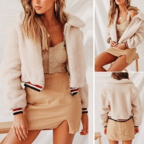 Fashion Striped Spliced Long Sleeve POLO Collar Plush Coat 
