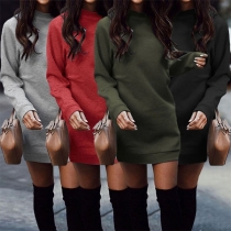 Fashion Solid Color Long Sleeve Round Neck Slim Fit Sweatshirt Dress
