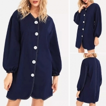 Fashion Solid Color Long Sleeve Single-breasted Dress