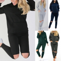 Fashion Solid Color Long Sleeve Kangeroo's Pocket Hooded Sweatshirt + Slim Fit Pants Two-piece Set