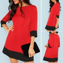 Fashion Round Neck 3/4 Sleeve Slim Fit Contrast Color A-line Dress