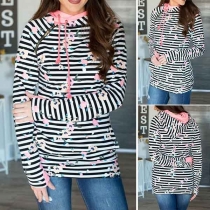 Fashion Side Zipper Floral Print Long Sleeve Stripe Hoodies