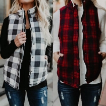 Fashion Stand Collar Zipper Front Plaid Warm Vest