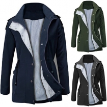 Fashion Solid Color Long Sleeve Drawstring Waist Hooded Coat