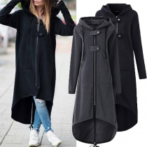 Fashion Solid Color Long Sleeve High-low Hem Hooded Sweatshirt Coat 