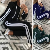Fashion Stripe Trim Drawstring Hooded Sweatshirt+Side Stripe Pants Two Piece Set