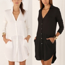 Fashion Long Sleeve V-neck High-low Hem Solid Color Dress