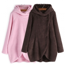 Fashion Solid Color Long Sleeve Irregular Hem Hooded Plush Coat