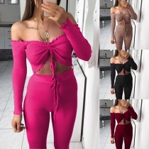 Sexy Off-shoulder Long Sleeve Crop Top + High Waist Leggings Two-piece Set 