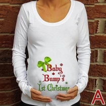 Fashion Letters Printed Long Sleeve Round Neck Maternity T-shirt