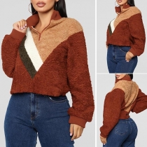 Fashion Contrast Color Long Sleeve Stand Collar Plush Sweatshirt