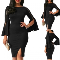 Sexy Slit Hem Trumpet Sleeve Solid Color Slim Fit Dress