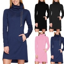 Fashion Solid Color Long Sleeve High Neck Slim Fit Sweatshirt Dress