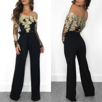 Sexig off-shoulder båthals spetsdetaljerad långärmad Jumpsuit med hög midja