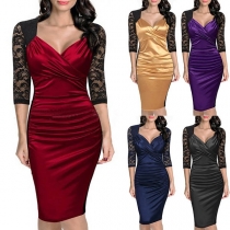 Sexy Lace Spliced Half Sleeve V-neck Slim Fit Dress