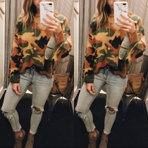 Fashion Camouflage Print Long Sleeve Round Neck T-shirt