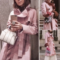 Fashion Solid Color Long Sleeve Double-breasted Ruffle Overcoat with Waist Strap