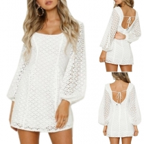 Sexy Backless Lantern Sleeve Round Neck Solid Color Dress