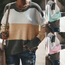 Fashion Contrast Color Long Sleeve Round Neck Loose Knit Top