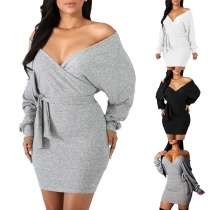 Sexy V-neck Long Sleeve Solid Color Slim Fit Dress