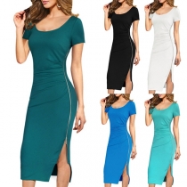 Sexy Side-zipper Slit hem Short Sleeve Solid Color Slim Fit Dress