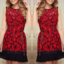 Fashion Sleeveless Round Neck Ruffle Hem Printed Lace Spliced Dress