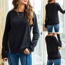 Fashion Solid Color Long Sleeve Round Neck Zipper Hem Sweatshirt