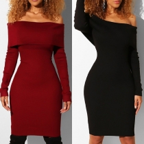 Sexy Off-shoulder Boat Neck Long Sleeve Slim Fit Dress