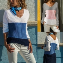 Fashion Contrast Color Long Sleeve V-neck Sweater