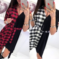 Sexy V-neck Irregular Hem Long Sleeve Plaid Spliced Dress