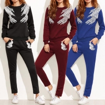 Fashion Wings Printed Long Sleeve Round Neck Sweatshirt + Pants Two-piece Set 