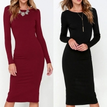 Sexy Backless Slit Hem Long Sleeve Solid Color Slim Fit Dress