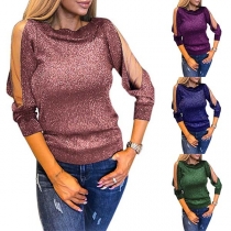 Sexy See-through Gauze Spliced Long Sleeve Round Neck Top