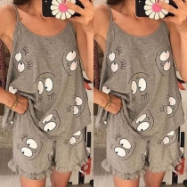 Cute Cartoon Printed Cami Top + Shorts Two-piece Set