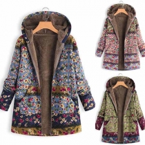 Fashion Printed Long Sleeve Hooded Plush Lining Coat 
