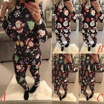 Fashion Christmas Printed Long Sleeve Mock Neck Sweatshirt + Pants Two-piece Set 