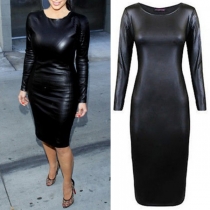 Fashion Long Sleeve Round Neck Slim Fit PU Leather