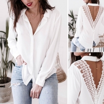 Sexy Lace Spliced Backless Long Sleeve Solid Color Shirt 