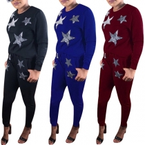 Fashion Sequin Pentagram Pattern Long Sleeve Sweatshirt + Pants Sports Suit 
