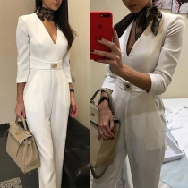 Sexy V-neck Long Sleeve High Waist Slim Fit Jumpsuit