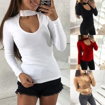 Sexig långärmad enfärgad Slim Fit T-shirt med utskärningar