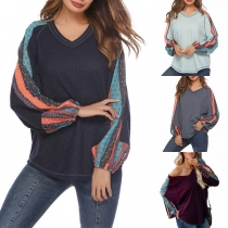 Fashion Printed Spliced Lantern Sleeve V-neck T-shirt