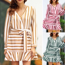 Sexy V-neck Ruffle Hem Long Sleeve Striped Dress